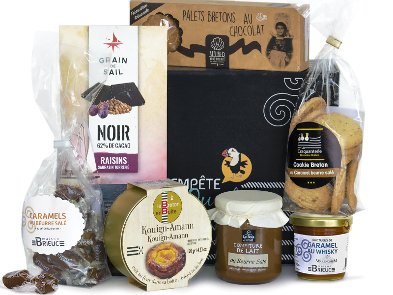 Coffret garni Bretagne gourmande (rillettes apéritives, caramels beurre  salé, confiture)