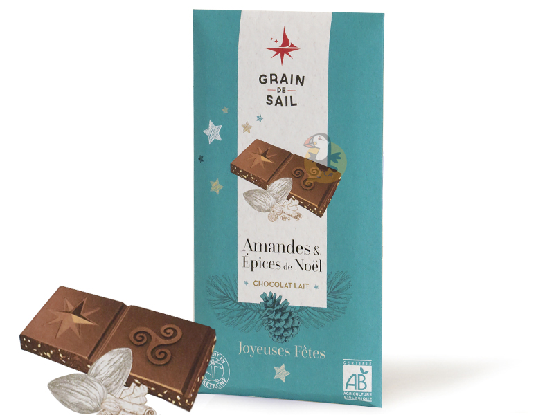 ⇒ Tablette Chocolat au lait BIO amandes, épices de Noël - Grain de Sail