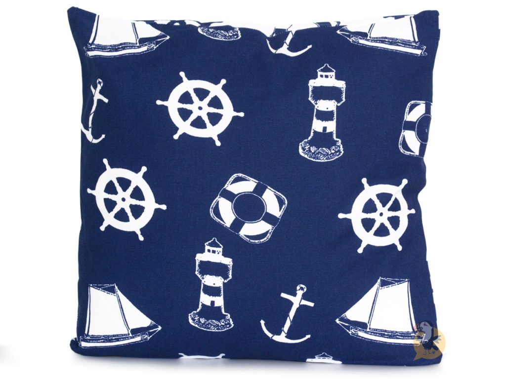 ⇒ Coussin "Bord de mer" bleu marine et blanc décor phare ancre