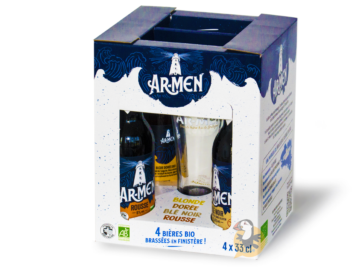 Coffret 4 bières bretonnes Ar-Men BIO + 1 verre