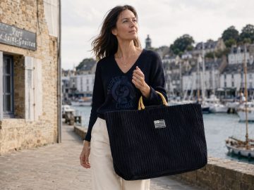 Grand sac drapeau breton en velours côtelé et anses en rotin – Image 4