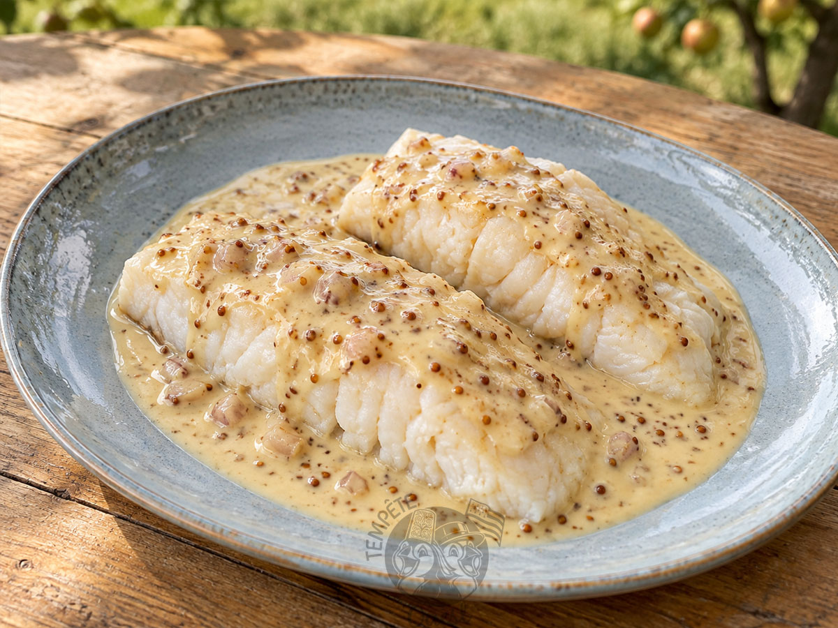 Poisson blanc, sauce crème et moutarde au vinaigre de cidre