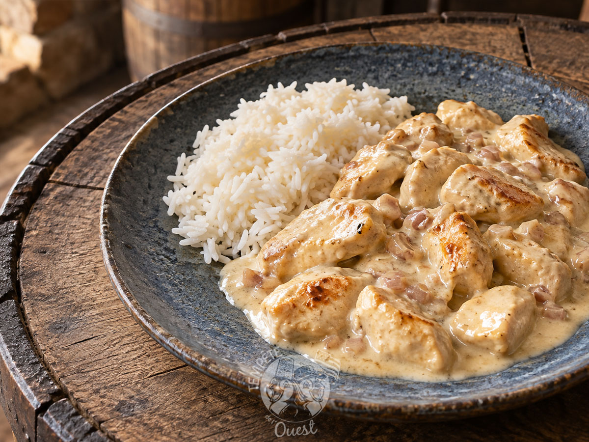 Poulet à la crème et au vinaigre de chouchen, accompagné de riz